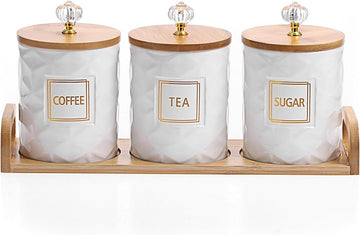 Ceramic Coffee Sugar Tea Canister Set with Lid and Tray - Set of 3
