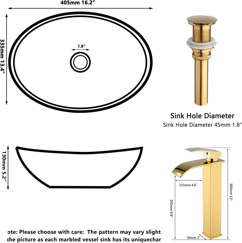 Gold Ceramic Bathroom Vessel Sink with Faucet and Drain Combo Bowl Above Counter Vessel Sink Oval for Modern Luxury