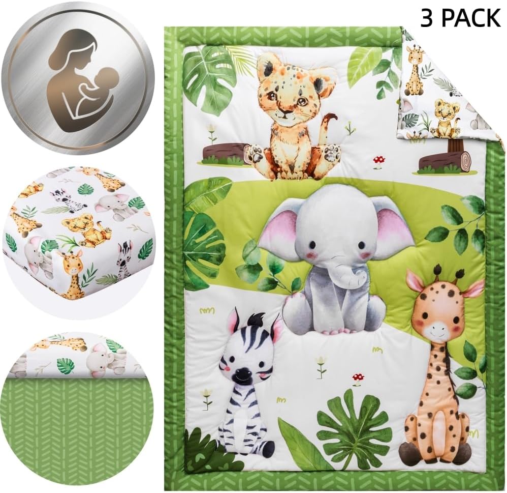 Baby Crib Bedding Set Safari Neutral Crib Nursery Comforter Bed Sets Decor with Fitted Crib Sheet, Comforter and Bed