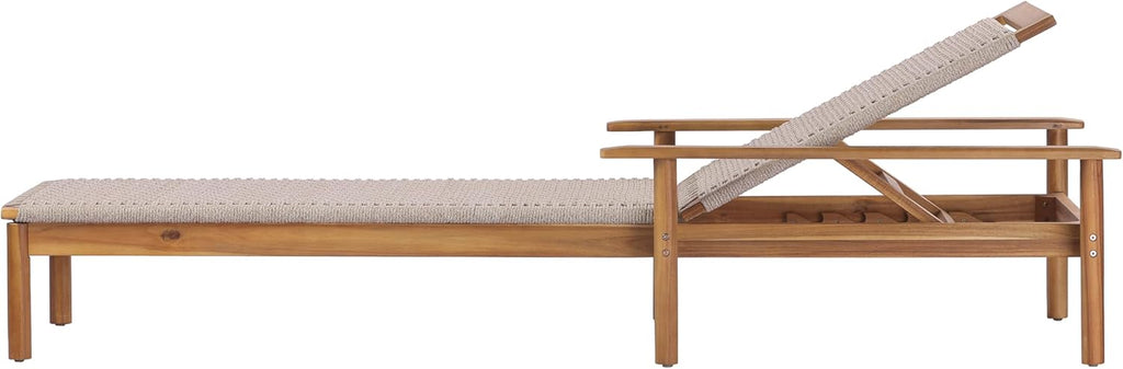 Acacia Wood Chaise Lounge Chair Outdoor, Poolside Sun Lounger Recliner with Woven Rope Seat, Patio Outdoor
