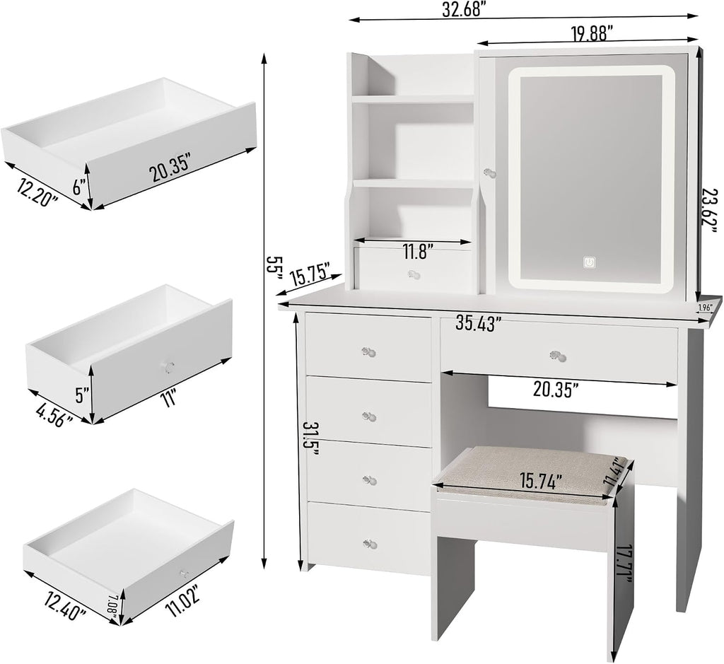 Vanity Desk with Mirror and LED Lights, Makeup Vanity Set with Power Outlet, and Stool,Jewelry Storage,White Vanity
