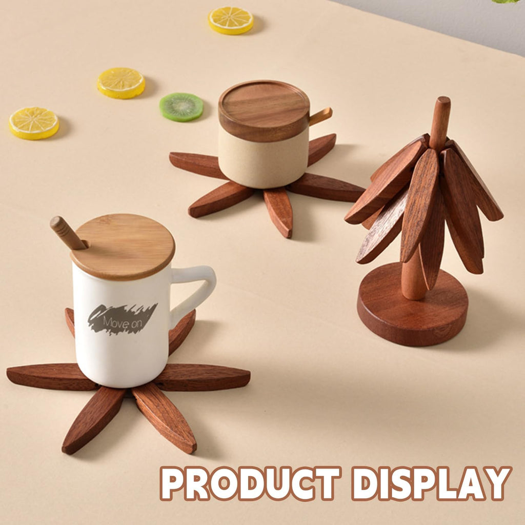 Wooden Trivets for Hot Dishes, Tree Shape Trivet Set, 4 Walnut Wood + 1 Stand stored Like a Christmas Tree,Foldable - Set of 5