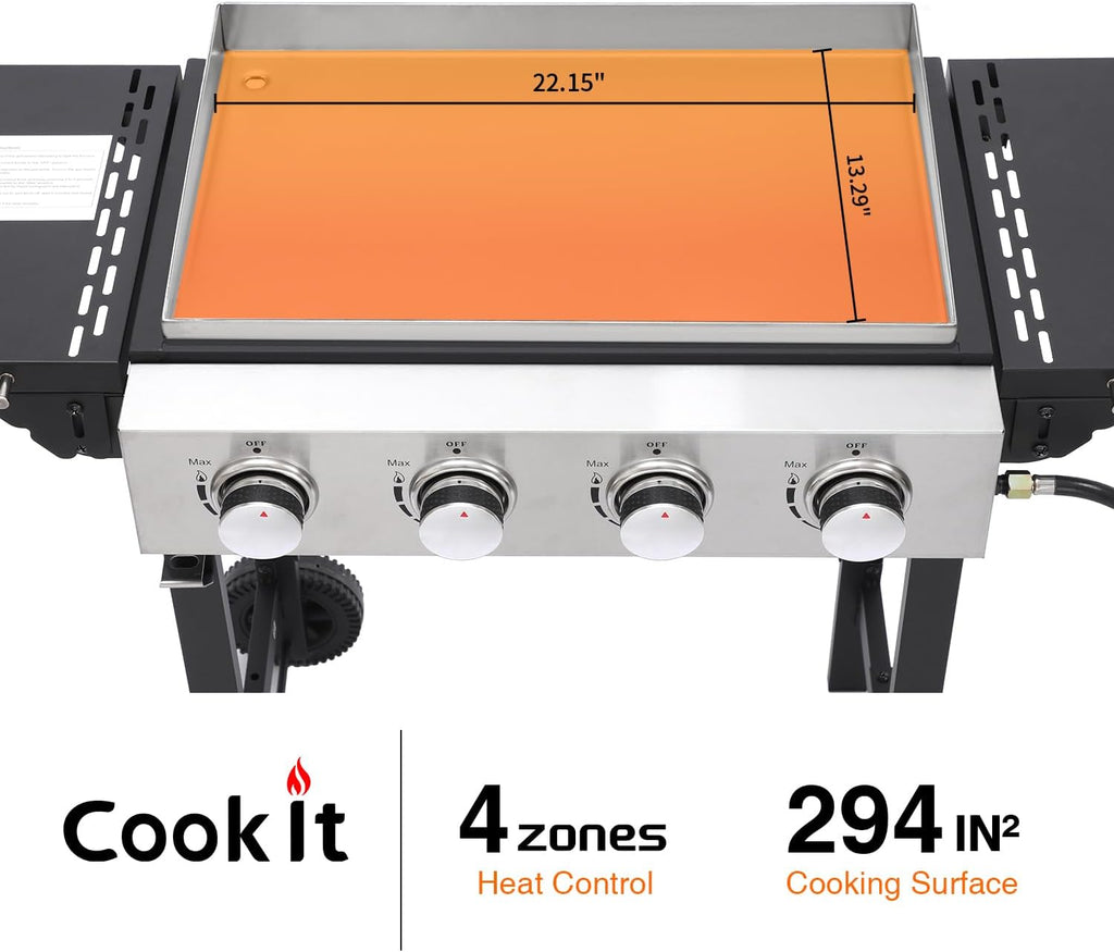 4-Burner Flat Top Gas Grill with Stainless Steel Griddle, Includes Cover and Regulator for Camping, Tailgating, Patio, and Backyard BBQ