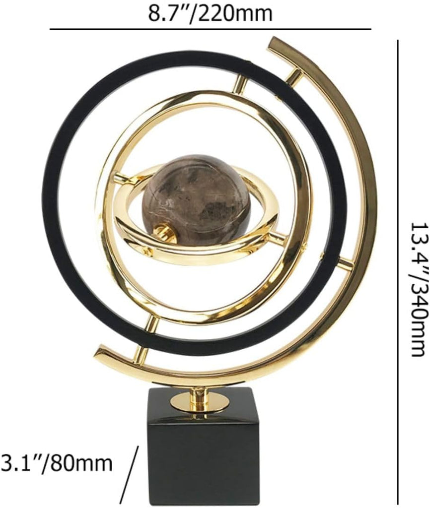 Modern Abstract Art Decoration Metal Globe Ornament Sculpture Decor with Rectangle Stand Black & Gold