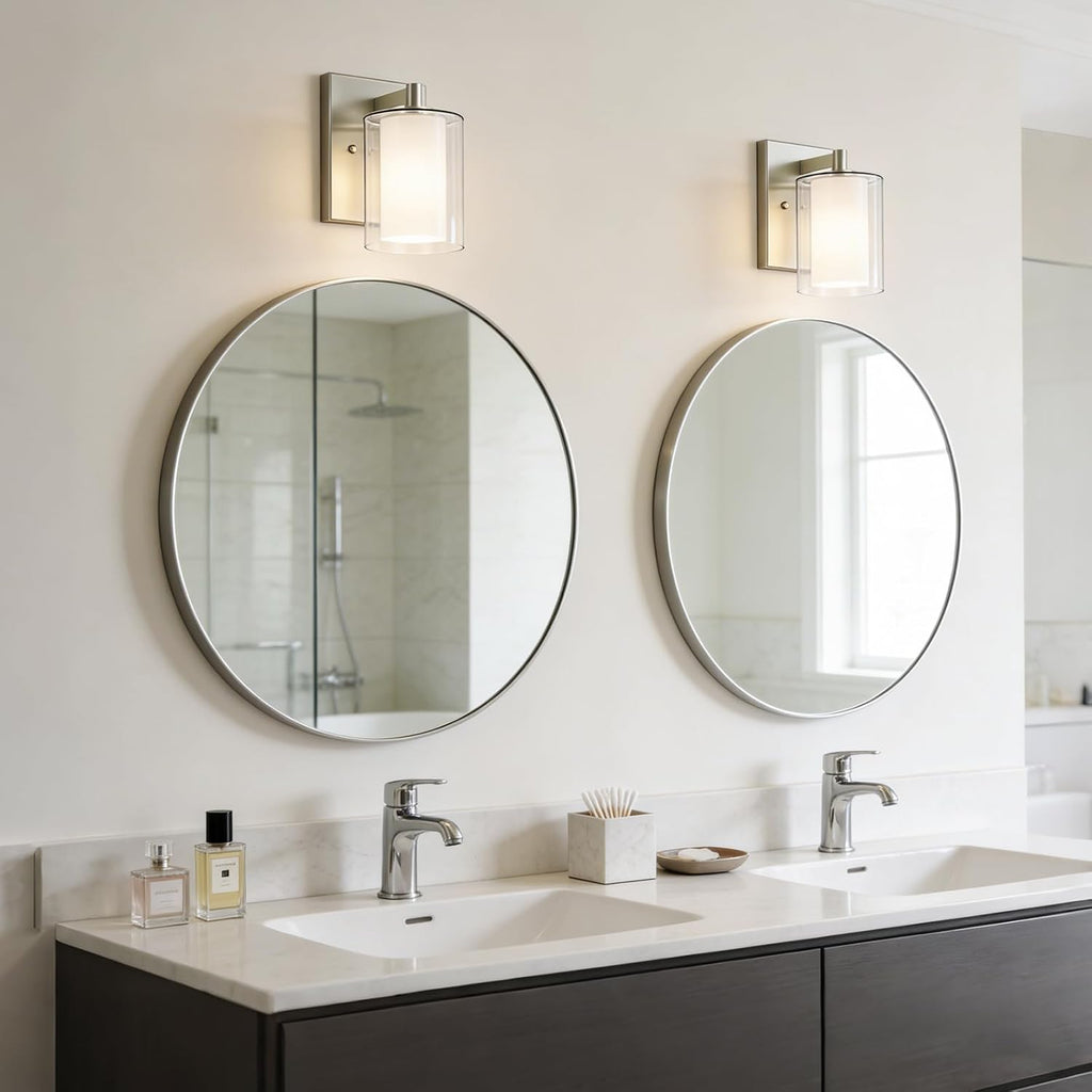 Wall Sconces Set of Two, Modern Brushed Nickel Vanity Wall Lights | Double Clear Glass Shades With E26 Base
