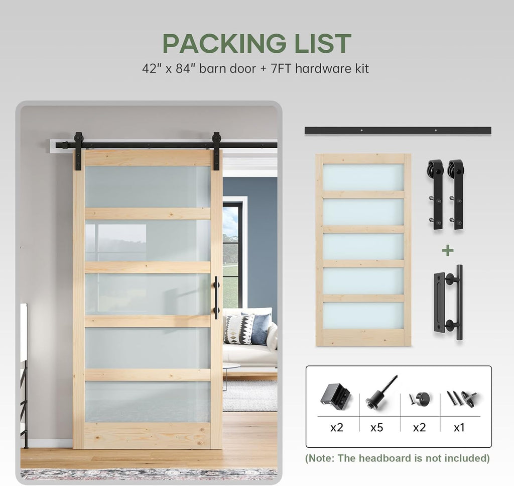 42x84 inch Glass Sliding Barn Door Slab with 7ft Hardware Kit Included, 5-Panel Frosted Glass, Spruc