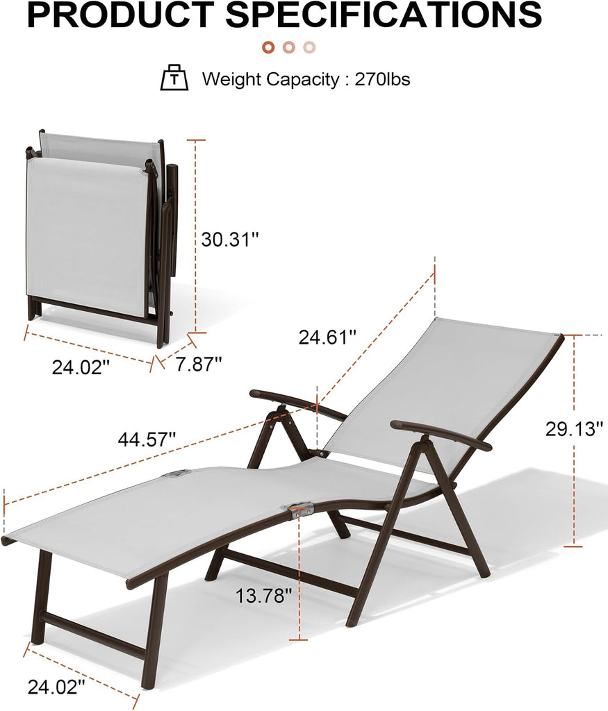 Lounge Chair Outdoor, Folding Pool Chaise Chairs Set of 2 (Light Gray) | Rust-Resistant Aluminum Frame, 8-Position
