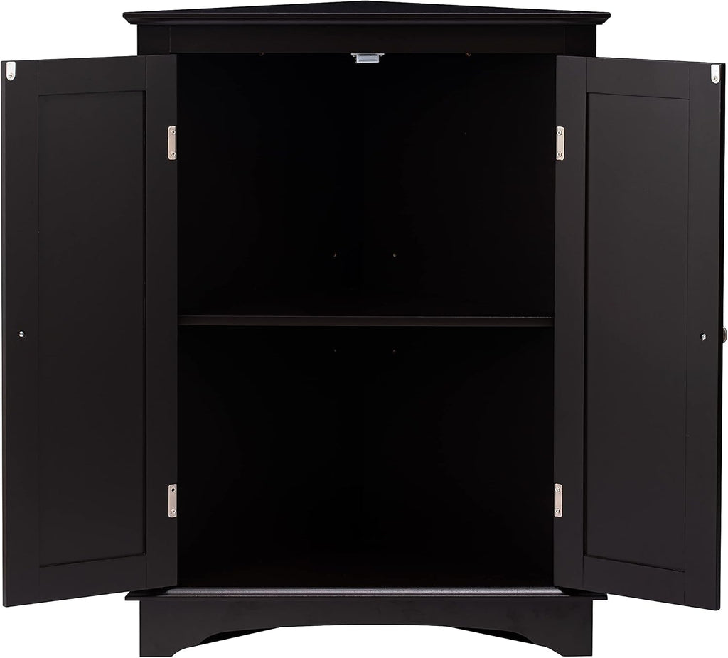 Floor Corner Cabinet with Two Doors and Shelves, Free-Standing Corner Storage Cabinets , Espresso | Space-Saving