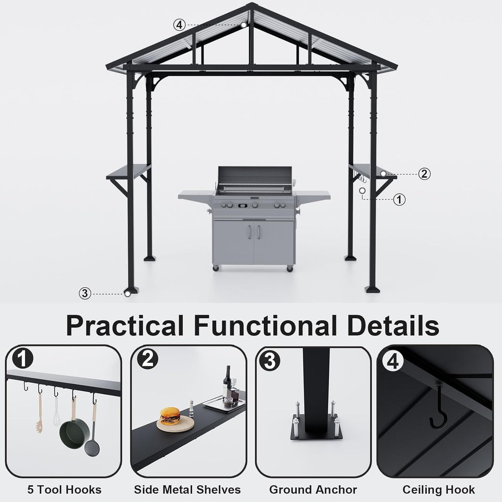 8'x 5' Hardtop Grill Gazebo, Outdoor BBQ Gazebo Metal Roof Canopy with 2 Metal Side Shelves & 5 Tool Hooks for Patio, Garden, Backyard, Poolside (Dark)