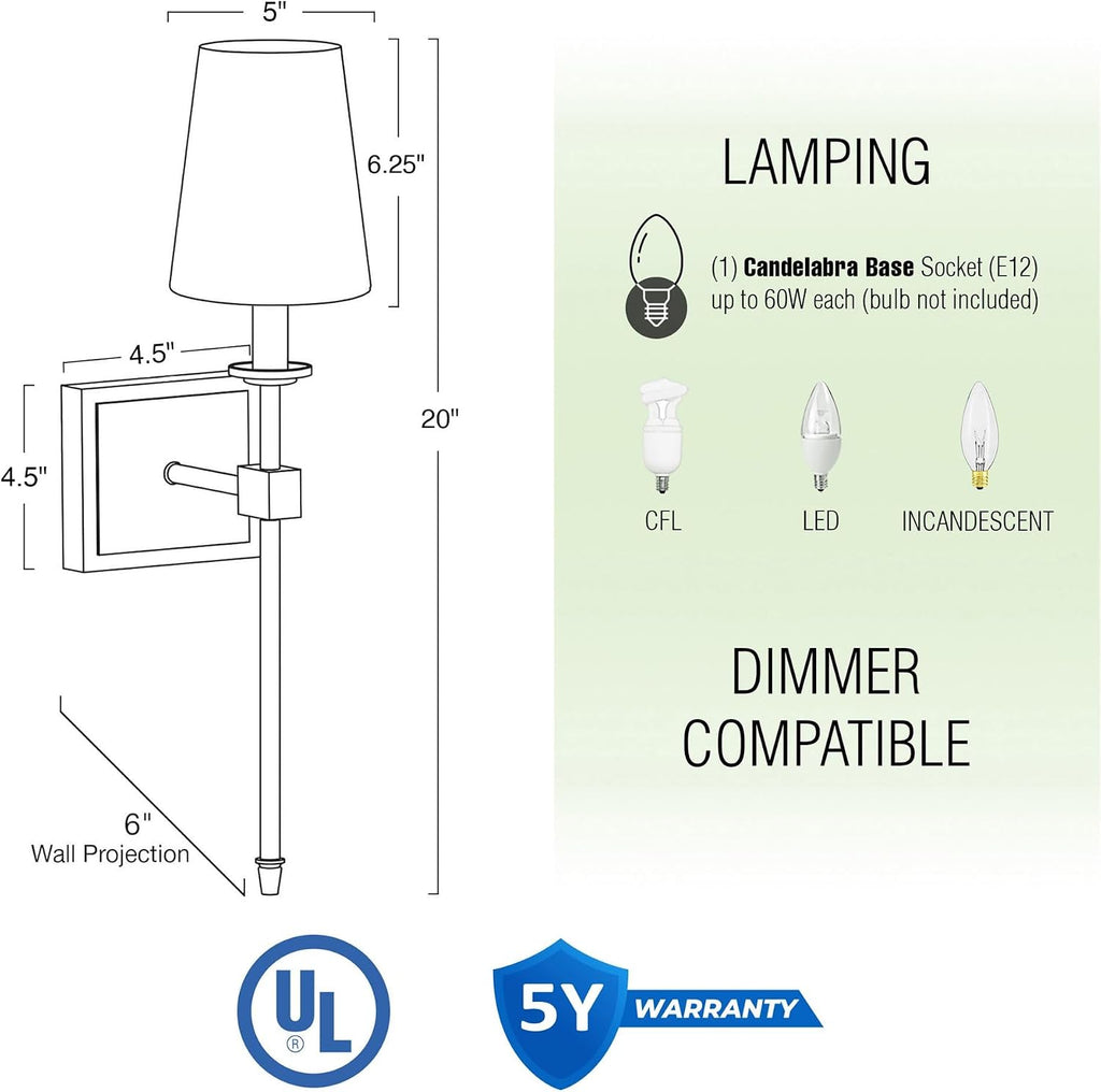 Torche 20" Mid Century Modern Wall Sconce Vanity | Tapered White Linen Shade, Silver Candle Wall Light with Elongated