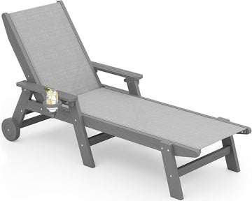 Textilene Patio Chaise Lounge Chair, HDPE Outdoor Lounger | with Rolling Wheels, Gray