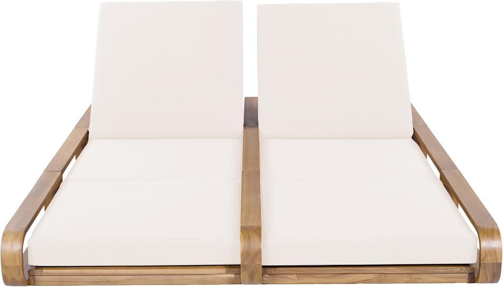 Double Chaise Lounge Chair Outdoor with 4-Position Adjustable Backrest for Each Seat & 3-Fold Cushions, Acacia Wood