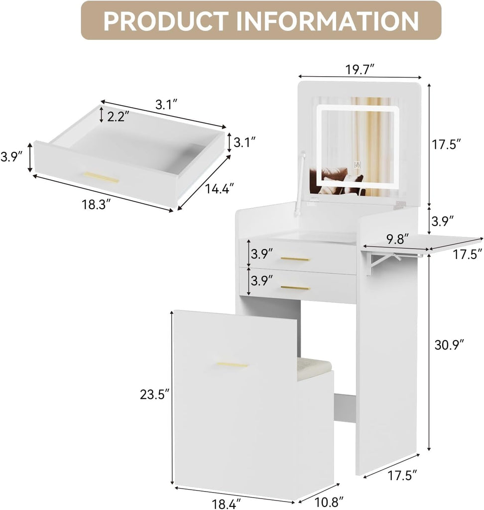 Small Vanity with Chair 3 in 1 Vanity Desk with Flip Top Mirror | White Small Makeup Table Set with Fold-up Panel &