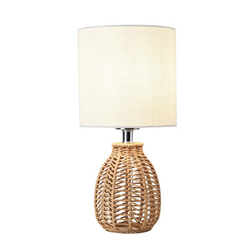 Rattan Table Lamp, Small Nightstand Lamp with Linen Fabric Lampshade, Desk Lamp Bedside Lamp Home Office, Without Buld