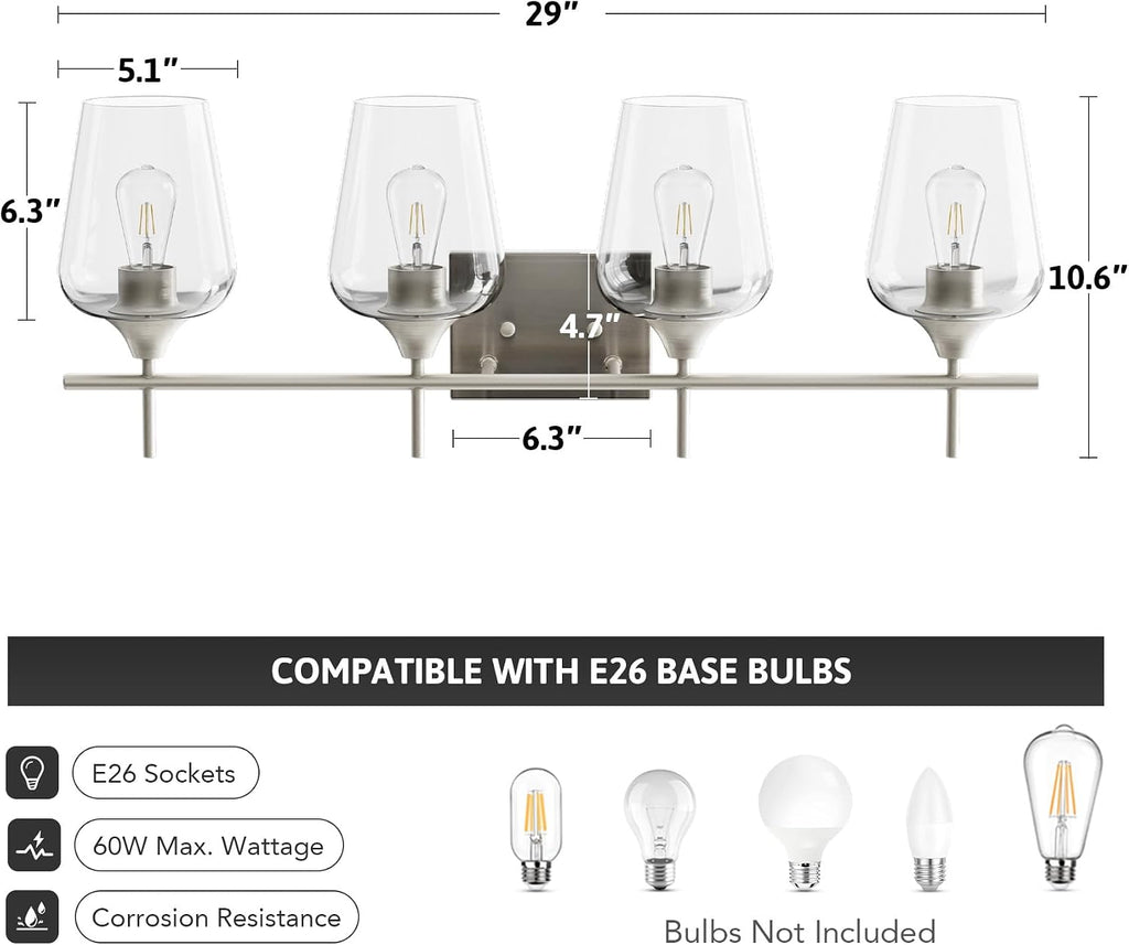 4 Light Bathroom Vanity Light Fixture,Brushed Nickel | Wine Glass Shades, E26 Sockets, Easy to install, Vanity Lights