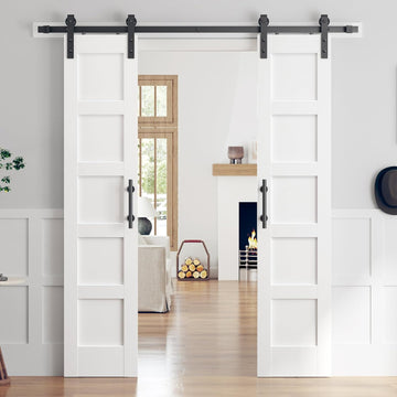Double 18×84 Inch White Sliding Barn Door Slab with 6.6ft Hardware Kit Included, 5-Panel, MDF Wood P