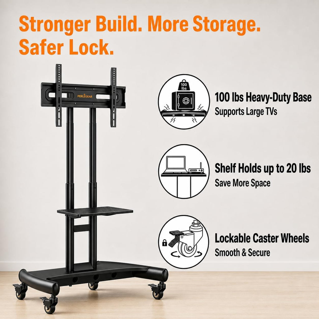 Rolling TV Stand for 32-84 Inch TV, Mobile TV Cart up to 100lbs, Adjustable Height Outdoor TV Cart with Heavy-Duty