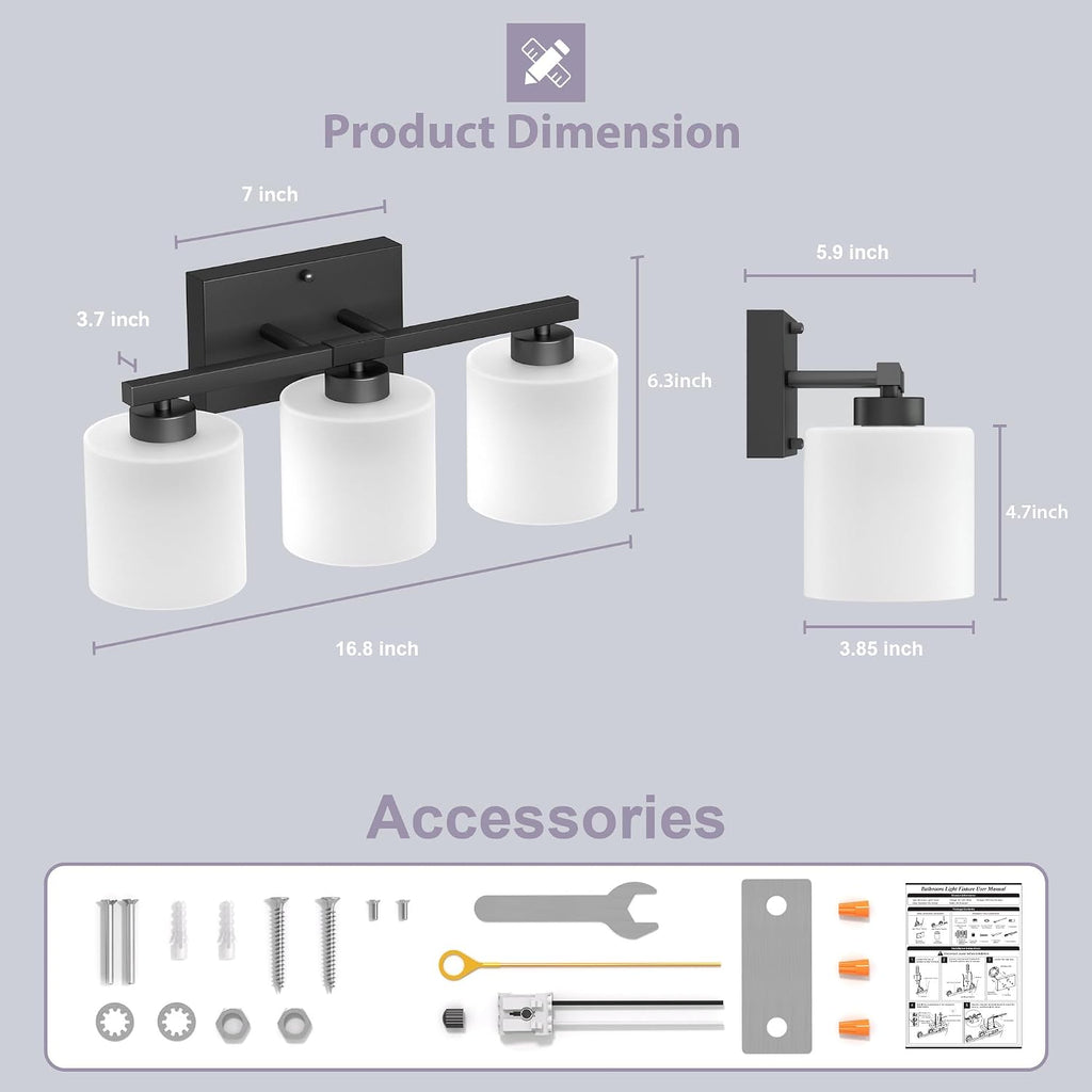 Bathroom Light Fixtures Black, 3-Light Vanity Lights Over Mirror | Modern Bathroom Vanity Light, Frosted Shades