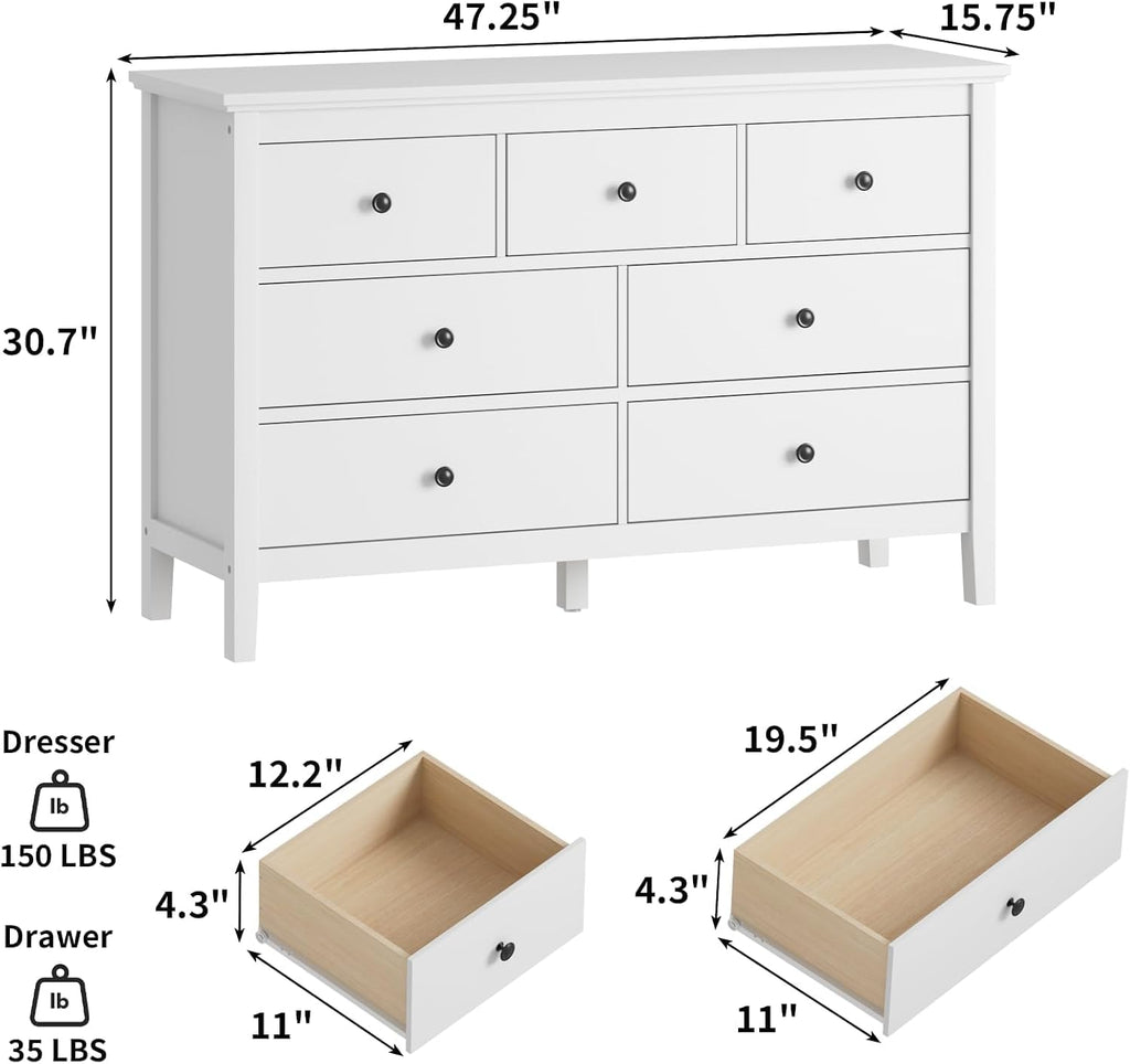 White Dresser , 7 Drawer Dresser with Wide Drawers and Metal Handles, Wood Dressers & Chests of Drawers for Hallyway