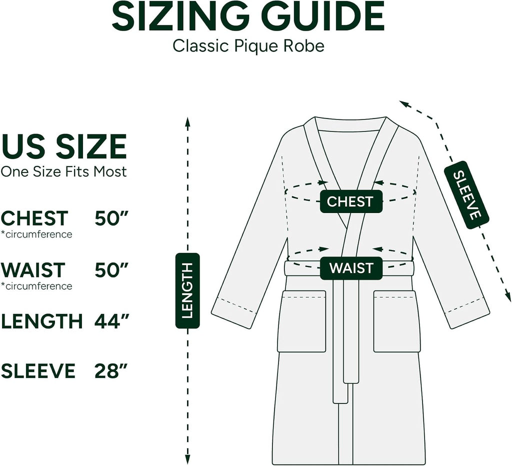 Classic Pique Bath Robe, 100% Soft Cotton Terry, Unisex Adult Bathrobe, Absorbent & Quick Drying, One Size Fits Most