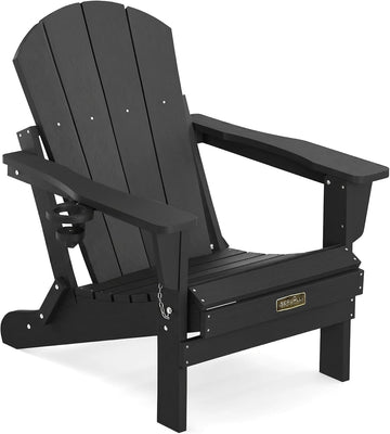Folding Adirondack Chairs with Cup Holder, Outdoor Fire Pit - Black | Foldable Adirondack Chair with Wood Texture