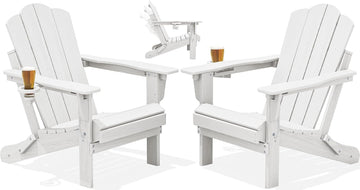 Adjustable Adirondack Chairs Set of 2, Folding Outdoor Chair, White | | with Cup Holder | Reclining 3-Position