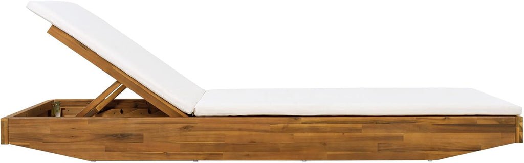 2 PCS Outdoor Lounge Chaise with 2-Fold Thin Cushions, Teak Finish Acacia Wood Lounge Chair Lounge with Cream Cushion