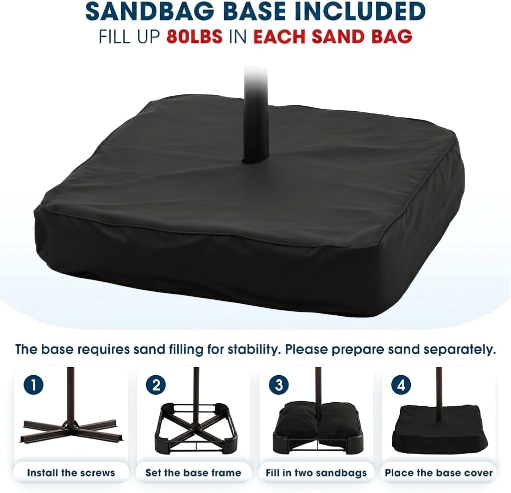 10ft Solar LED Patio Umbrella with Base Included, Offset Umbrella with Weighted Sandbag Base