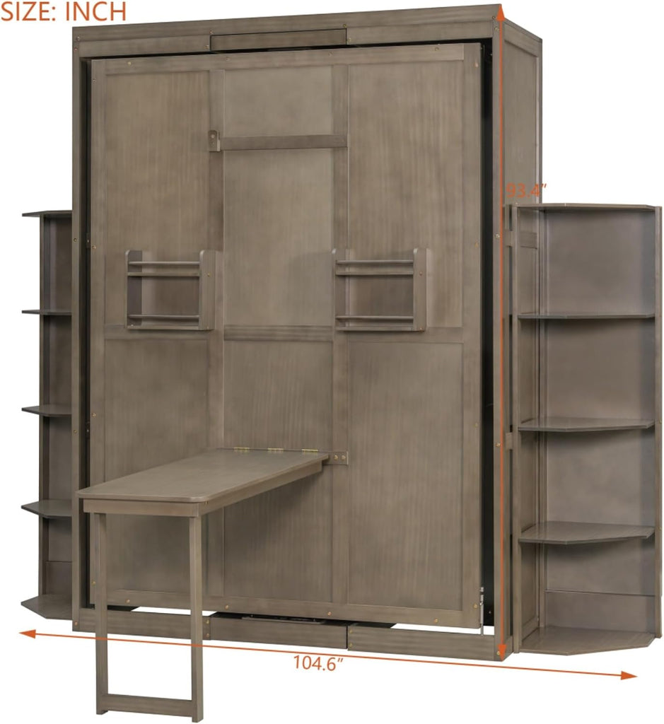 360° Swivel Queen Horizontal Murphy Bed with Desk Combo and Storage Bookshelf, Foldable Murphy Chest Hidden Wall Bed