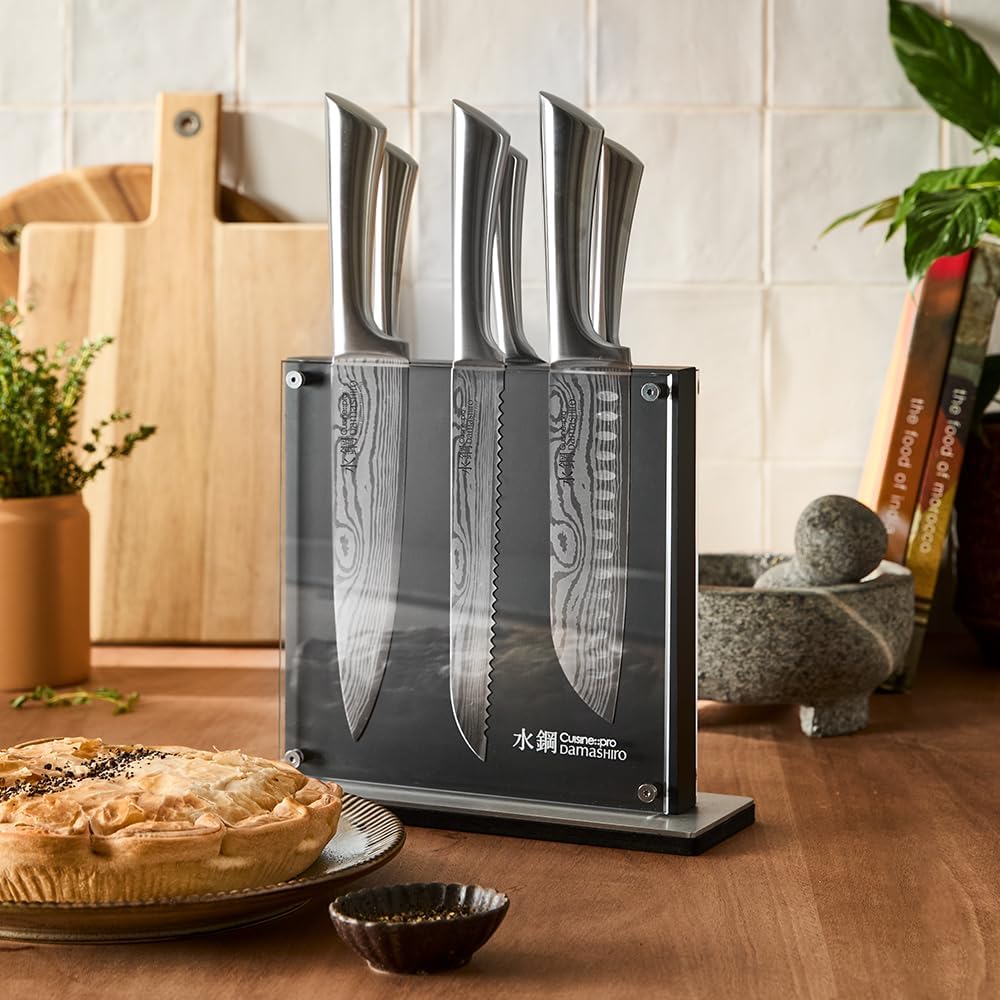 Damashiro Knife Block (Kumi, 7-Piece Chef Knife Set) - Japanese Steel Knife - Magnetic Knife Block- Damascus-Inspired