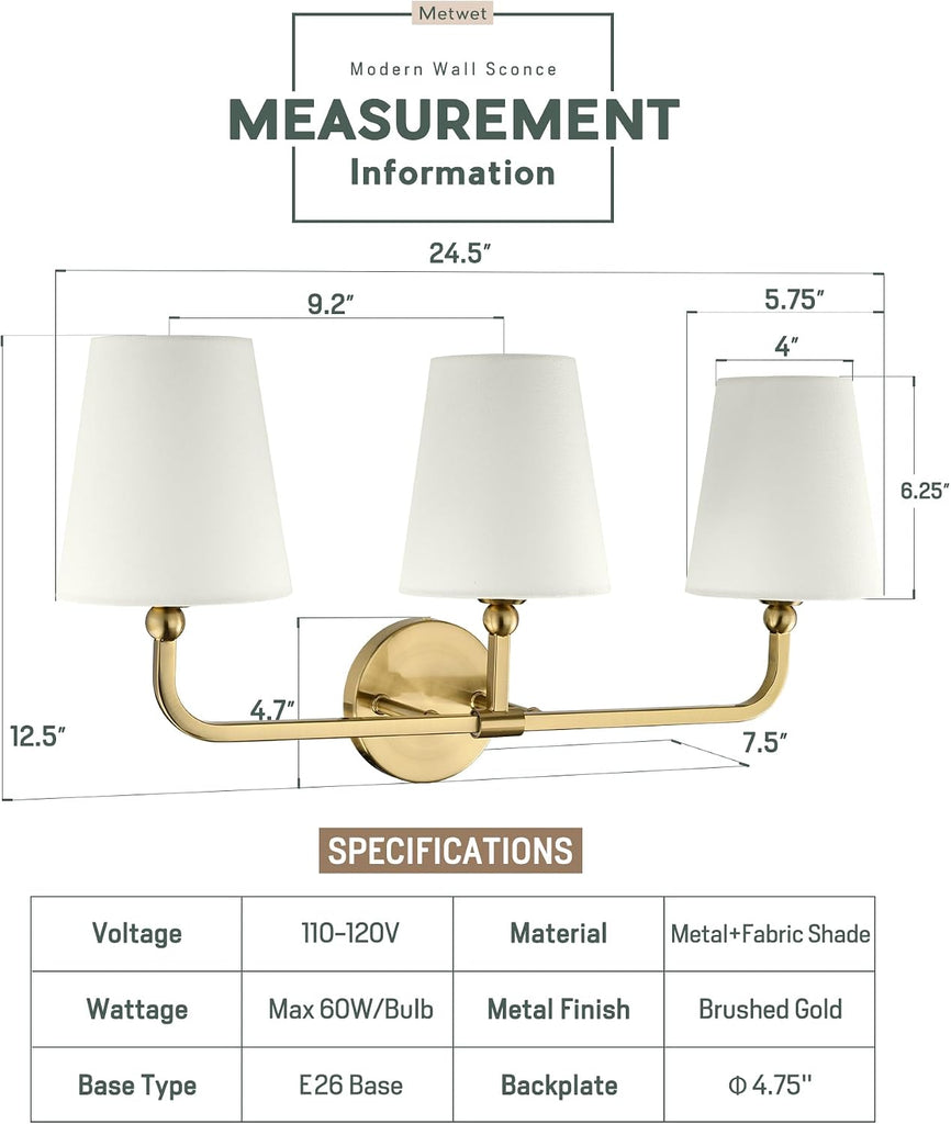 3-Light Brushed Gold Bathroom Vanity Light, Beige Fabric Shades | 24.5" bathroom light fixtures over mirror, upward
