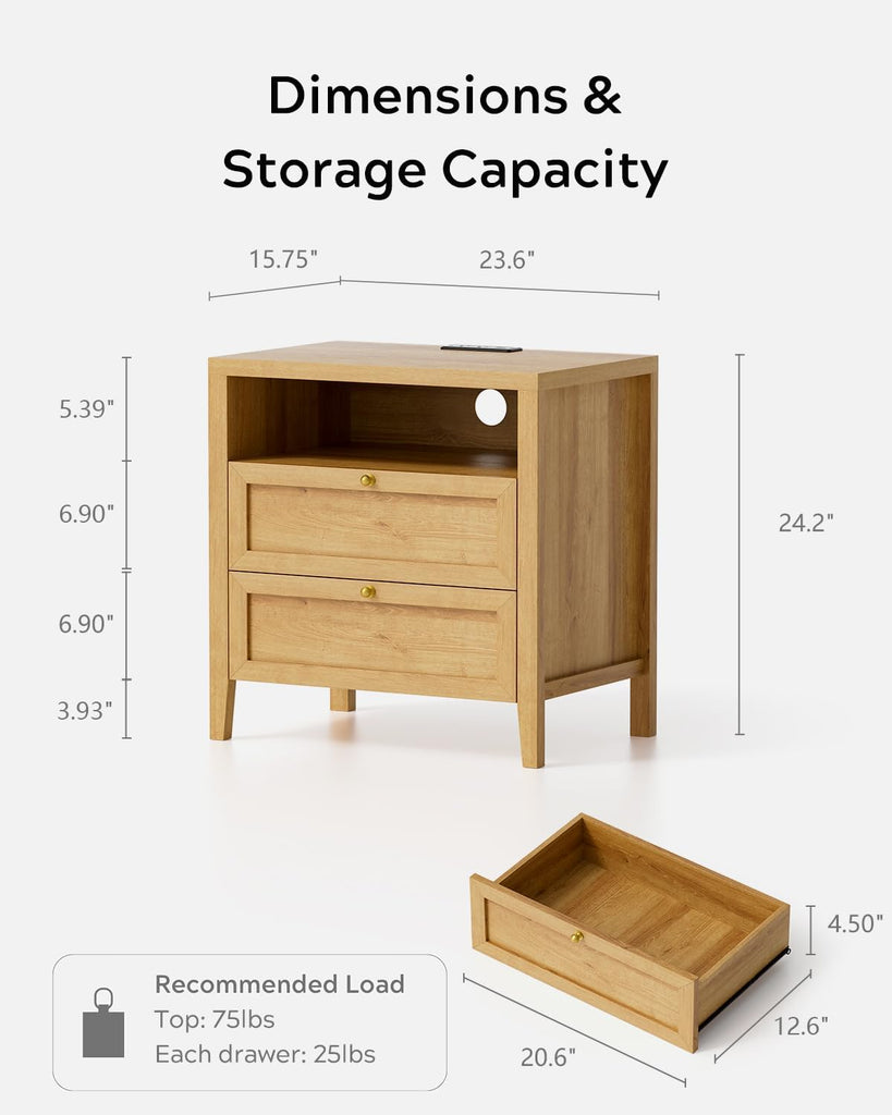 Modern Nightstand with 2 Drawers Wooden End Table with Charging Station Farmhouse Night Stand Bedside Side Table with