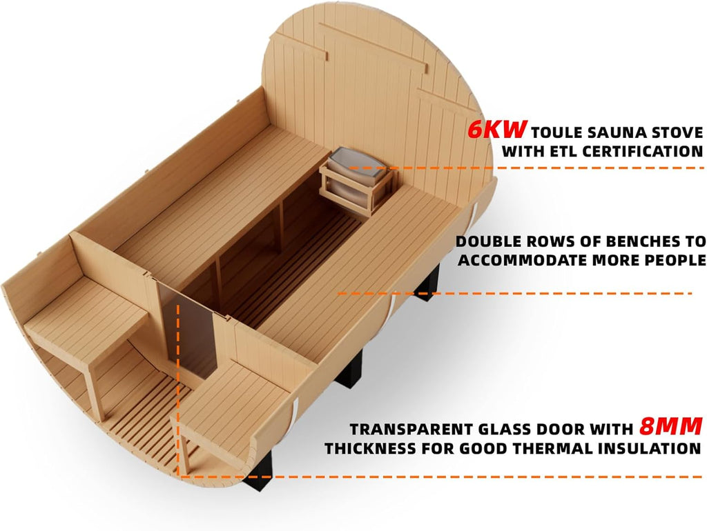 6-8 Person Outdoor Barrel Sauna,Canadian Cedar Wooden Saunas Kit with Porch,6KW TOULE Electric Stove Steam Sauna Room