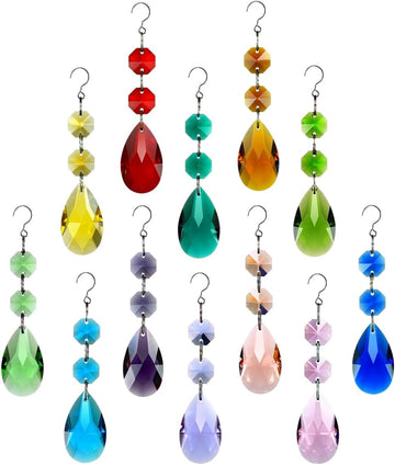 12pcs Teardrop Crystal Chandelier Prism Suncatcher Replacement - 38mm Multicolor Hanging Crystals Beads Ornament