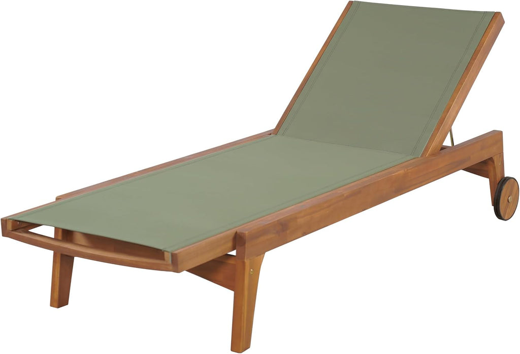 Chaise Lounge Chair Outdoor, Acacia Wood Frame Sunbathing Pool Lounger, Adjustable Backrest Single Lounge