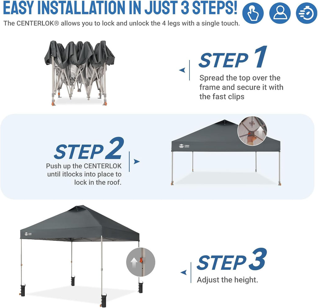 10x10 Pop Up Canopy Tent, Grid Grey | Beach Tent with One Push Setup,STO-N-Go Cover Bag,Silver Coated Top,Outdoor Sun