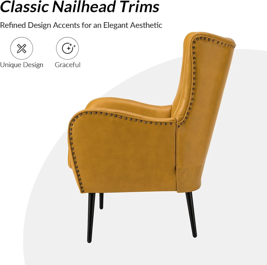 Upholstered Faux Leather Accent Chair with Black Metal Legs, Comfy Armchair with Removable Cushion & Nailhead Trim
