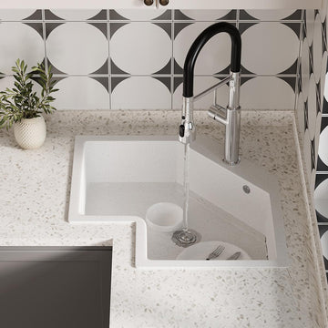 25-Inch White Undermount Corner Kitchen Sink - Irregular Quartz Single Bowl Sink for Modern Kitchens