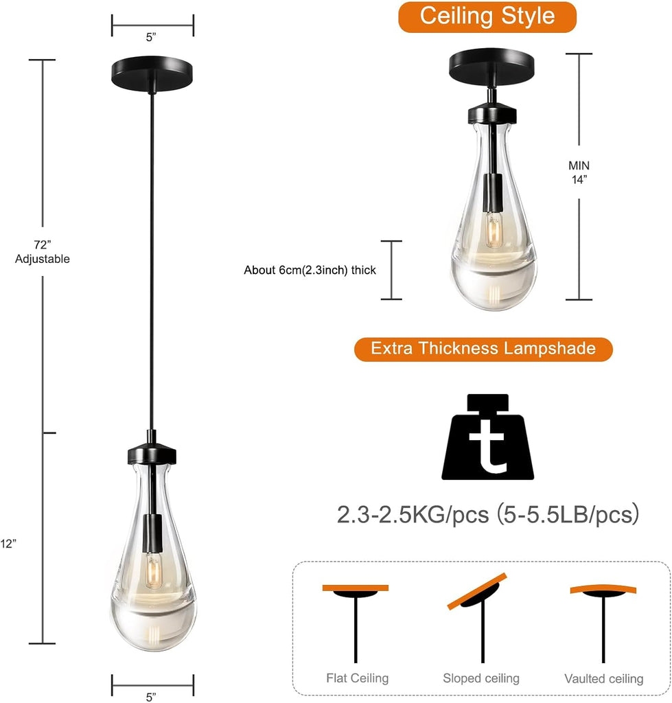 Raindrop Pendant Lights Kitchen Island Set of 2 Teardrop Black Hanging Light Fixtures Clear Solid Glass Pendant Light Modern Chandeliers for Dining Room Porch Corridor Living Room