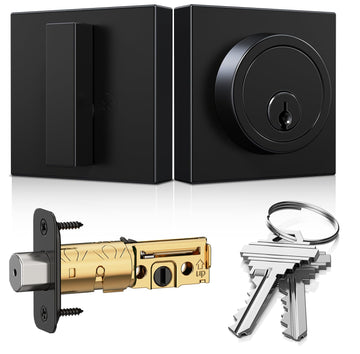 Modern Square Deadbolt, Matte Black Single Cylinder Door Lock ANSI 3