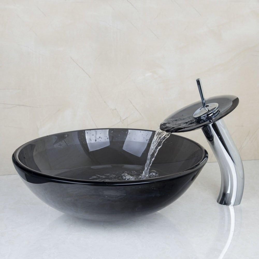 Vessel Sink Tempered Glass Round Bowl and Mixer Waterfall Faucet Drain Combo Set Grey Color