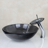 Vessel Sink Tempered Glass Round Bowl and Mixer Waterfall Faucet Drain Combo Set Grey Color
