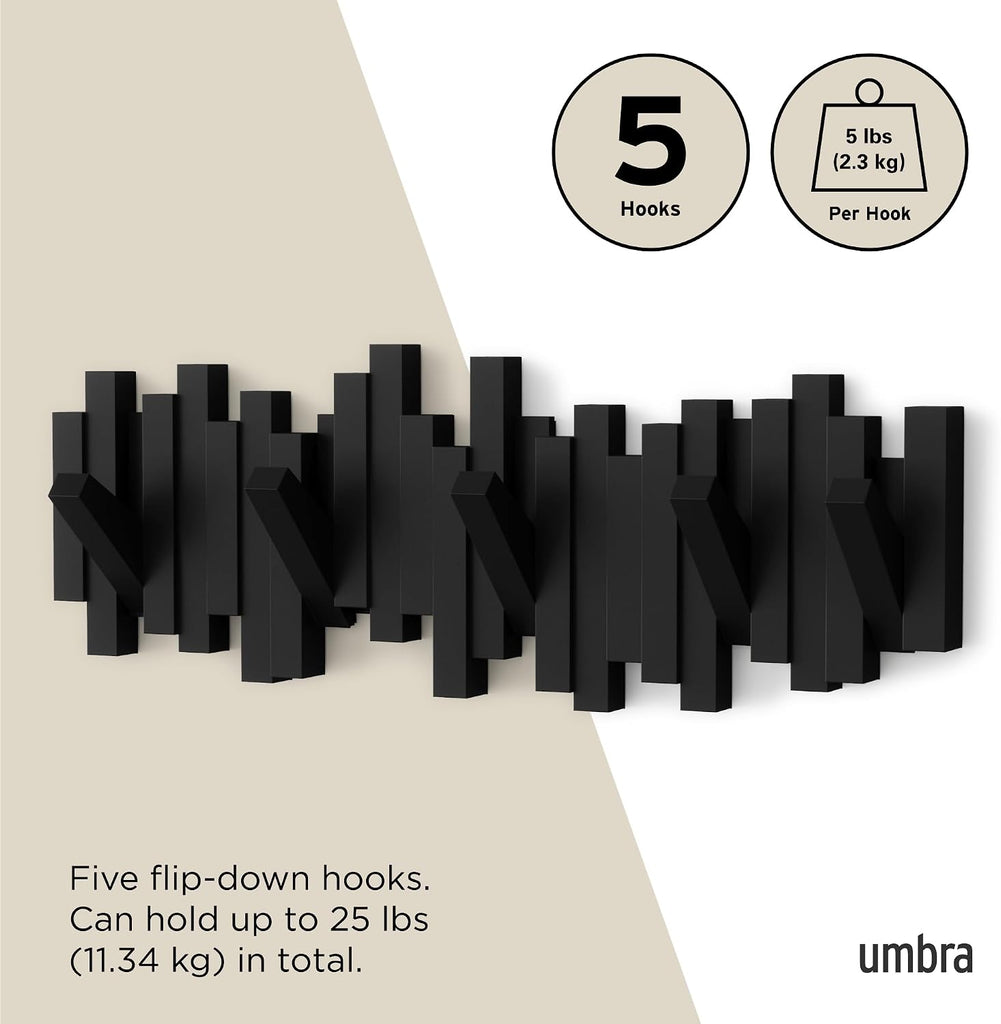 Sticks Wall-Mounted Coat Rack Rail Hook with 5 Retractable Pegs - Modern, Space-Saving Storage Organizer, Black