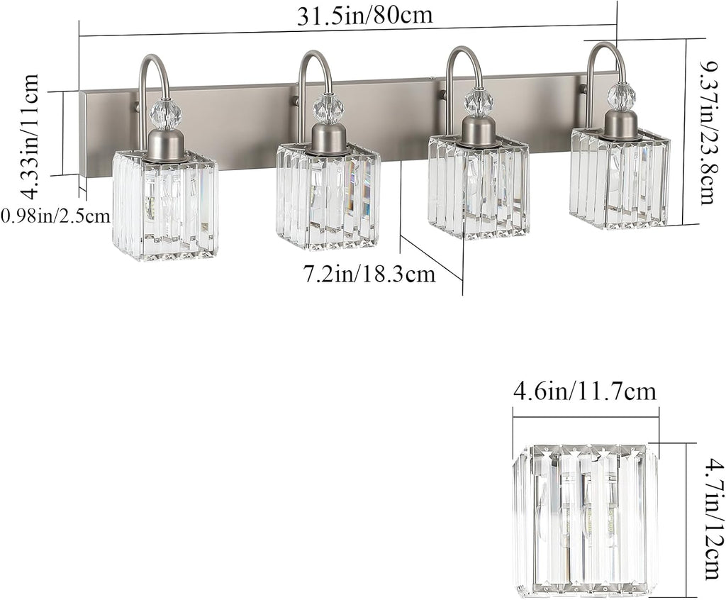 Crystal Brushed Nickel Vanity Light 4-Light Modern Bathroom Light Fixtures