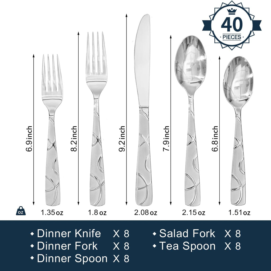 40 Pieces Stainless Steel Silverware Set, Modern Flatware Set for Kitchen, Mirror Polished Cutlery Set with Forks