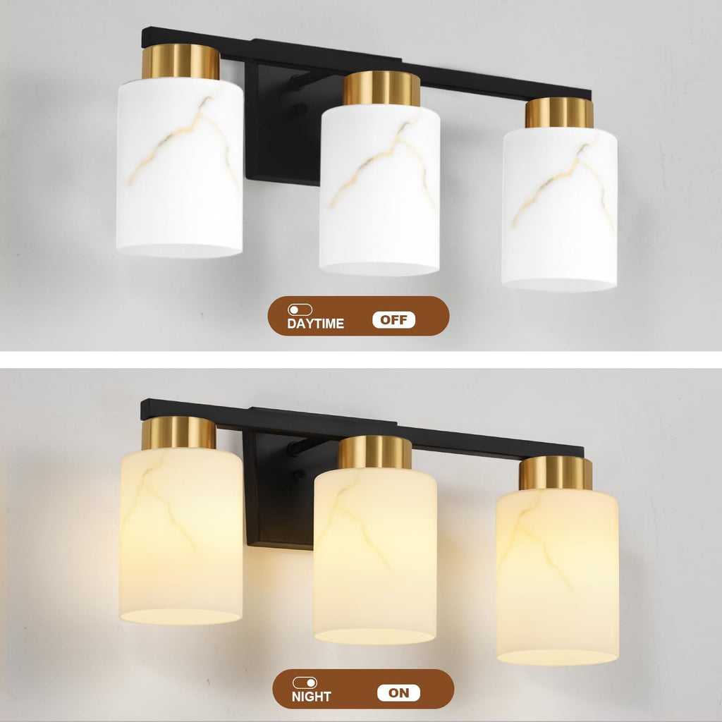 3-Light Bathroom Light Fixtures, Modern Vanity Lights, Black and Gold Metal Wall Lamp with White Marble Glass
