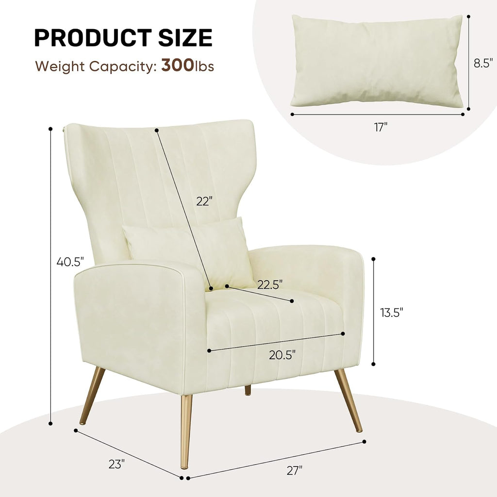 Velvet Accent Chair Wingback , High Back Arm Chair with Golden Legs Lumbar Pillow, Upholstered Single Sofa Bedroom