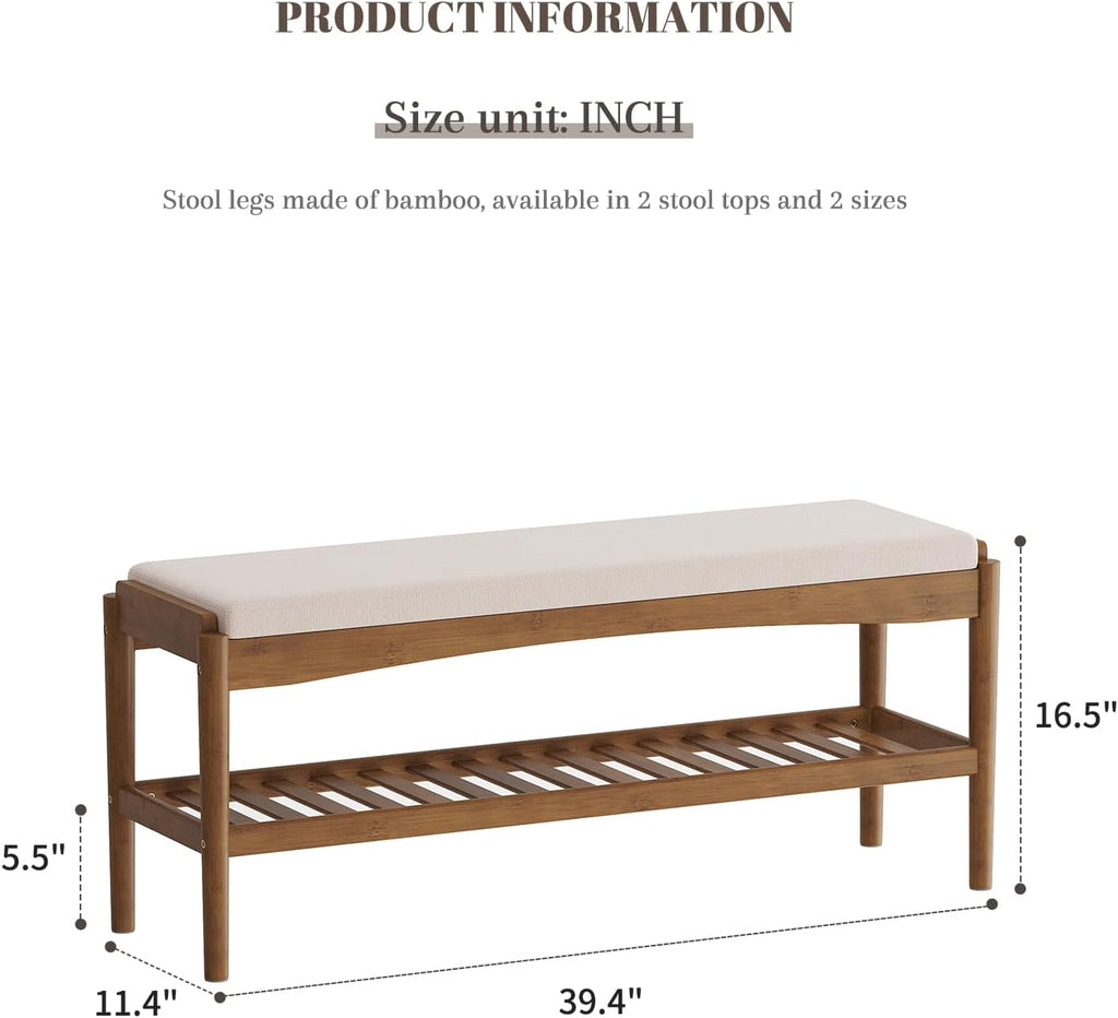 Shoe Bench Entryway Bamboo 2-Tier Shoe Rack with Cushion Padded Seat Shoe Bench Organizer Stable for Entry, Hallway