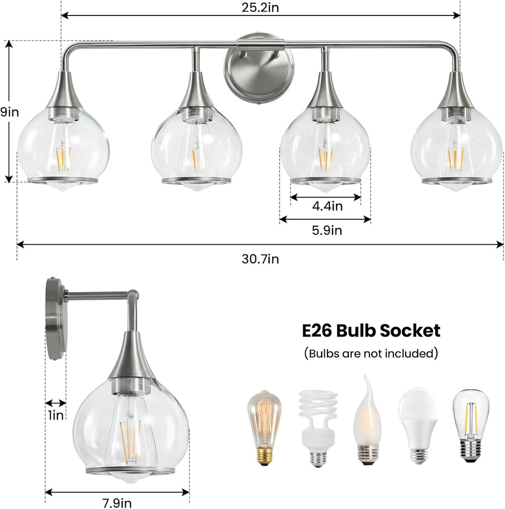 Brushed Nickel Bathroom Light Fixture 4 Lights Bathroom Vanity Lights Over Mirrors with Clear Glass Shade 30.7 inch