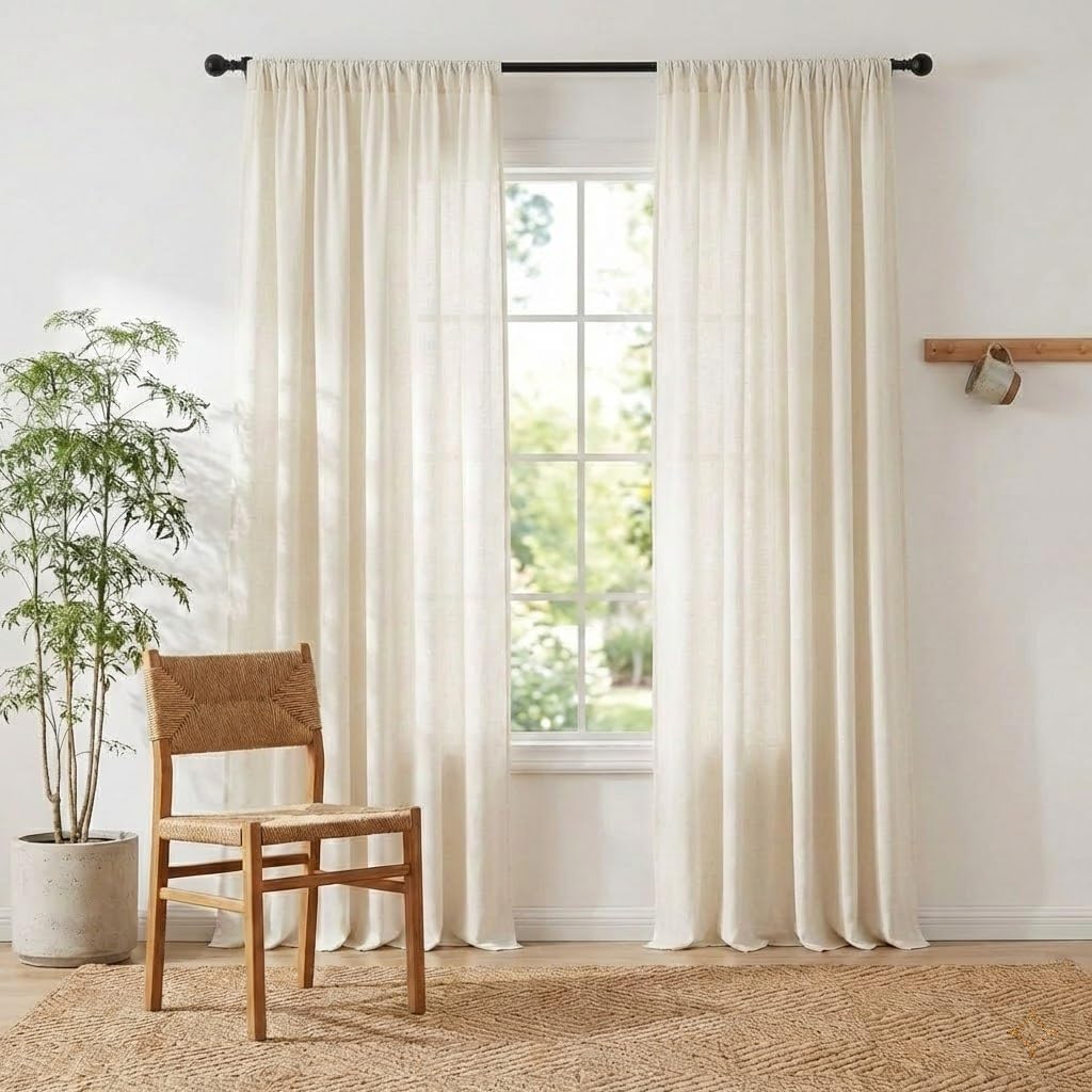 Natural Linen and polyester Curtains, Back Tab & Rod Pocket with Pleat Tab Privacy Added with Light